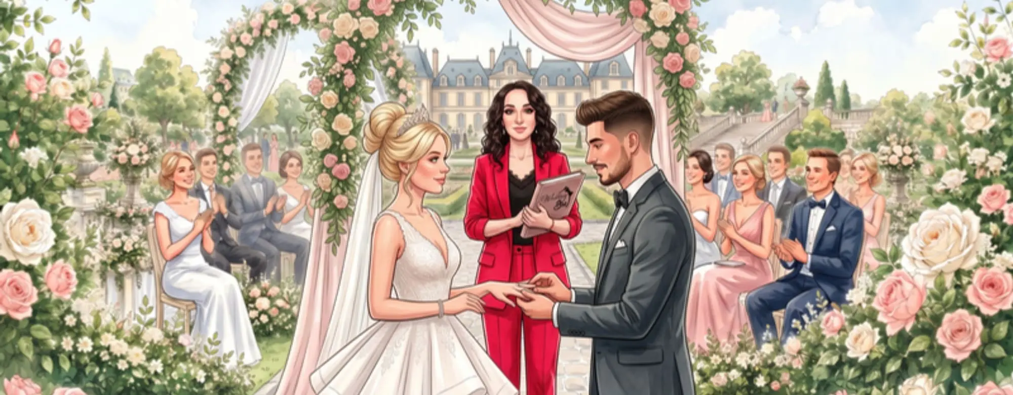 Freie Trauung Header WeddingBro - WeddingBro Events Illustration einer freien Trauung im Schlossgarten mit Traurednerin von WeddingBro