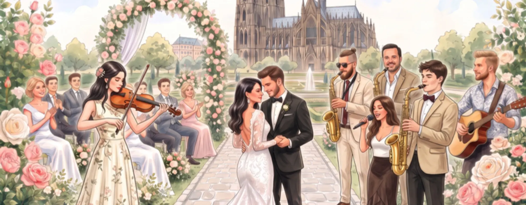 Header Sänger und Musiker Desktop - WeddingBro Events Brautpaar mit Geigerin, Saxofonisten, Sängerin und Gitarrist bei einer Hochzeit