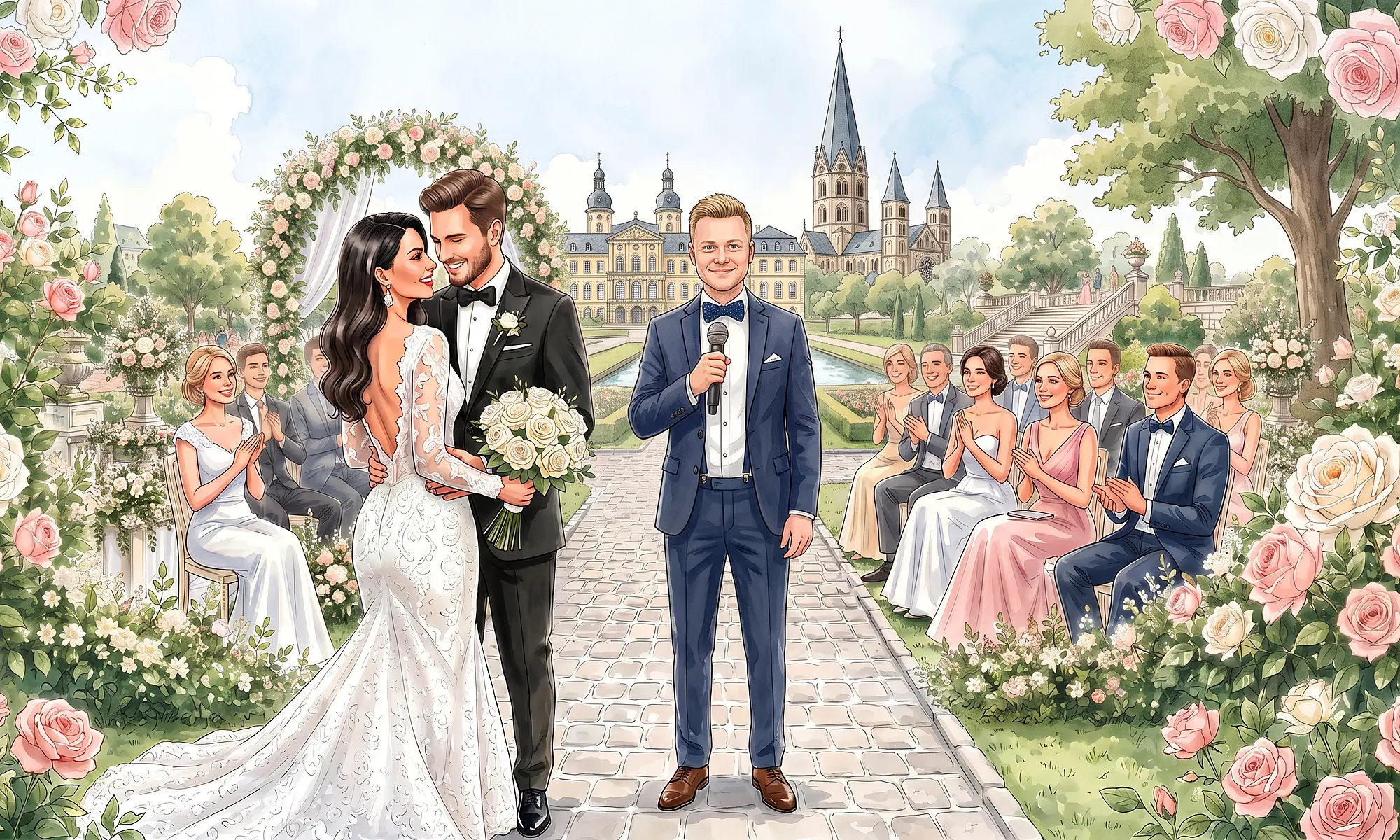 Tamada in Bonn – Header Desktop - WeddingBro Events Illustration: Brautpaar, Tamada und Gäste vor dem Bonner Münster und dem Poppelsdorfer Schloss