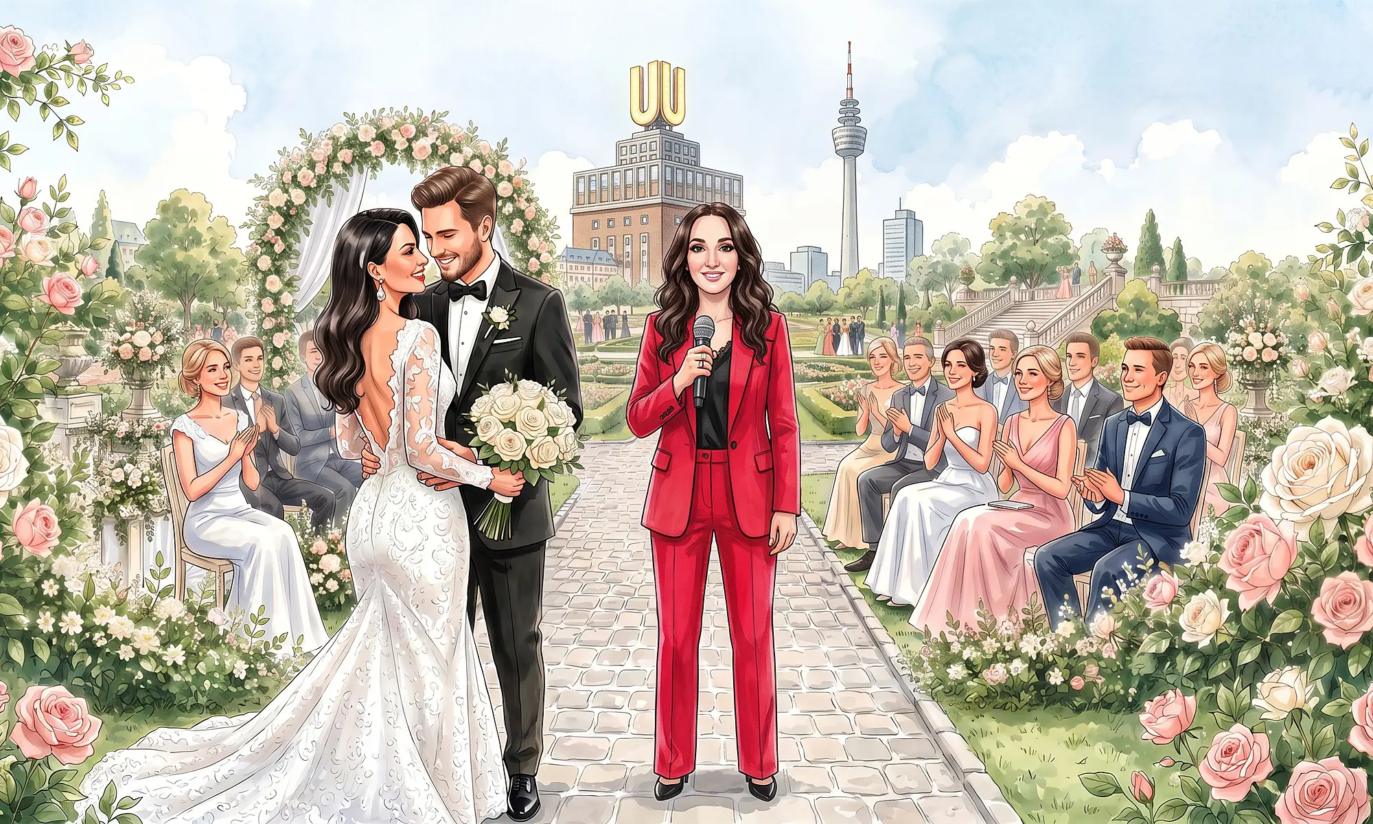 Tamada in Dortmund – Header Desktop - WeddingBro Events Illustration: Brautpaar, Tamada und Gäste vor dem Dortmunder U und dem Florianturm
