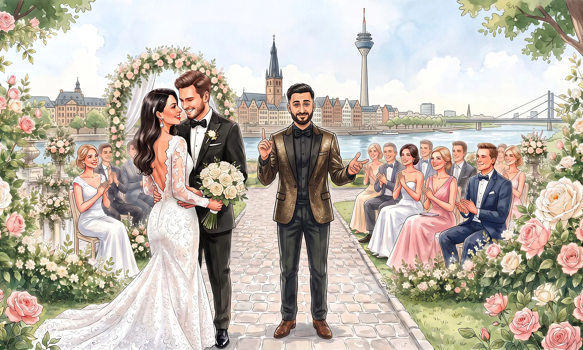 Tamada in Düsseldorf – Header Desktop - WeddingBro Events Illustration: Brautpaar, Tamada und Gäste vor dem Rheinturm und der Düsseldorfer Altstadt am Rheinufer