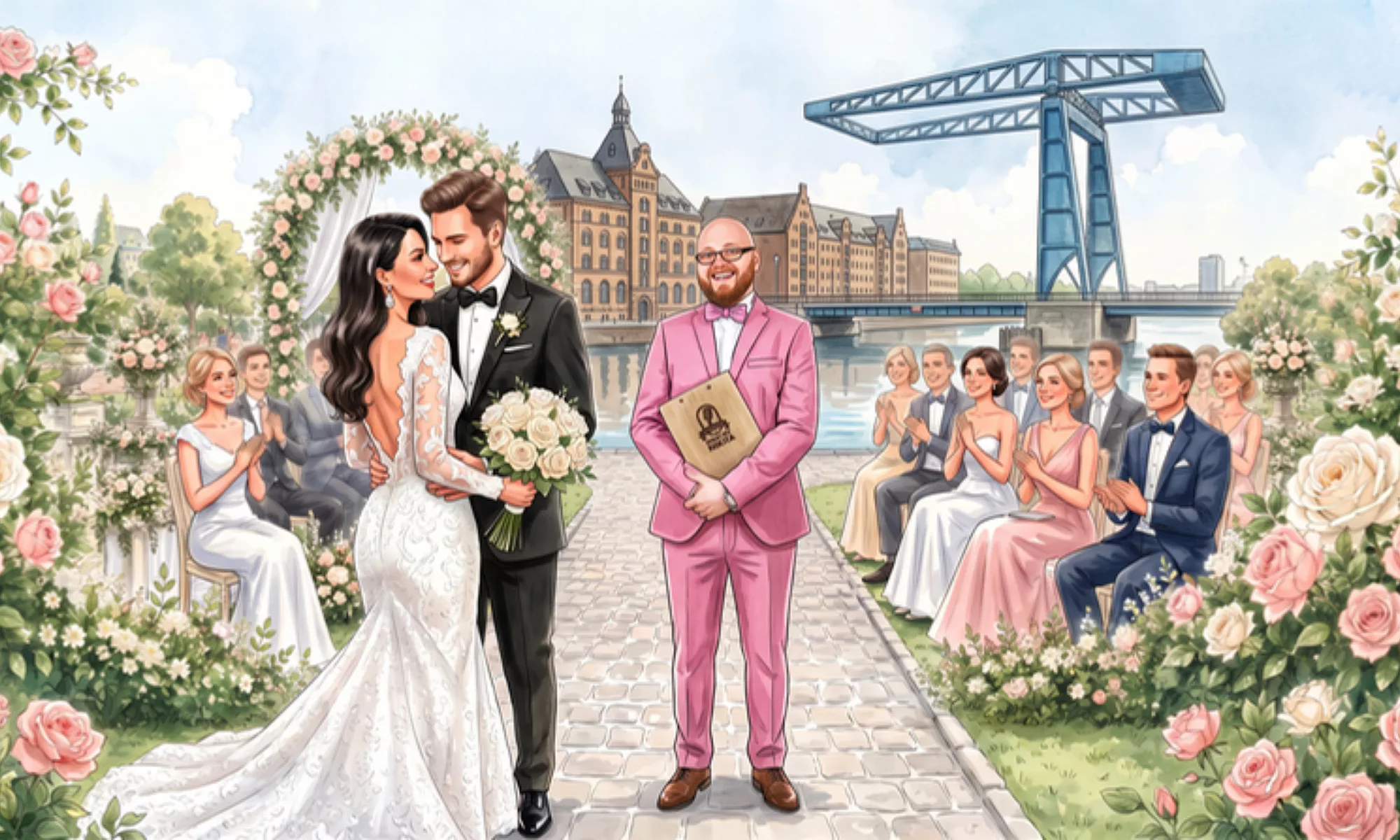 Tamada in Duisburg Header Desktop - WeddingBro Events Brautpaar mit Tamada von WeddingBro vor dem Duisburger Innenhafen