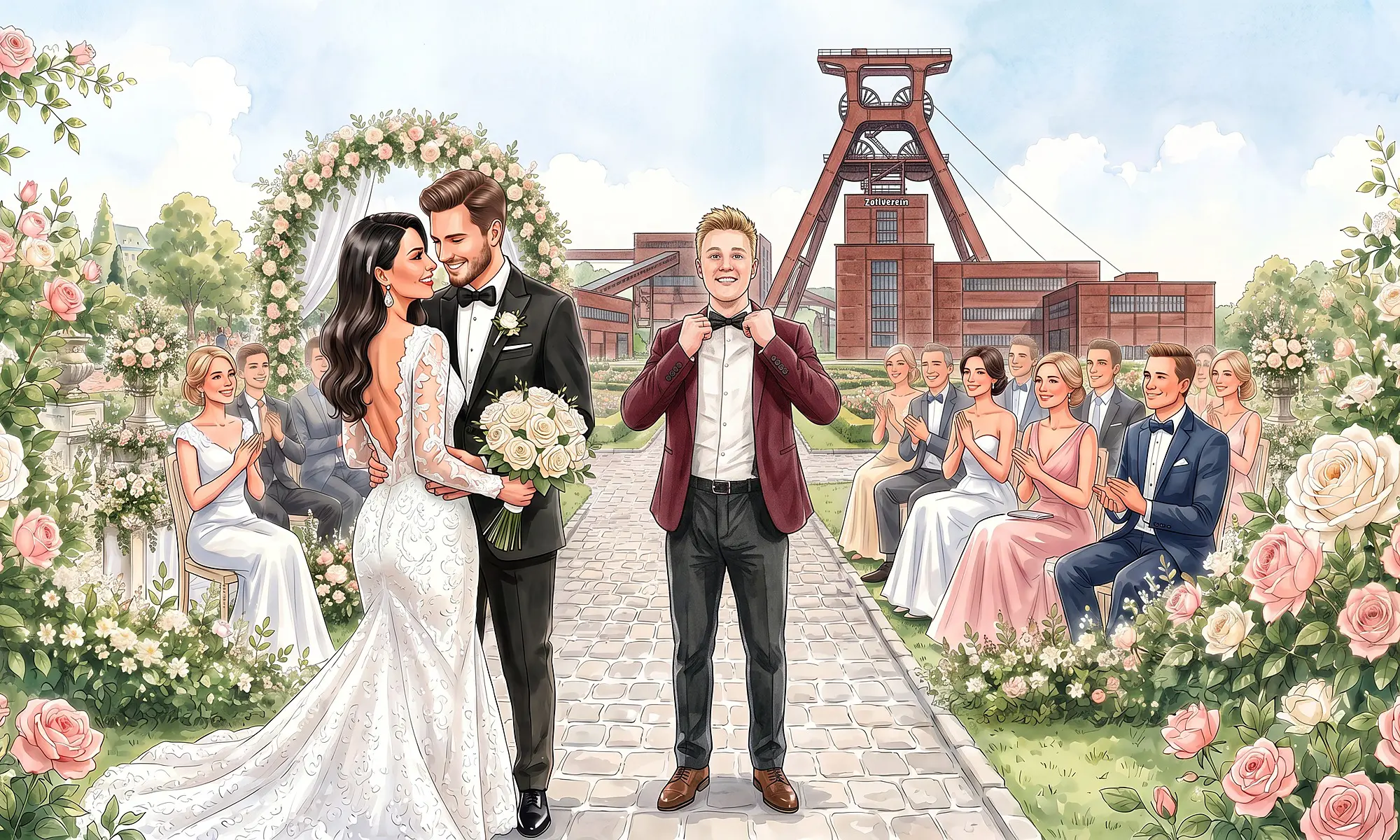 Illustration: Brautpaar, Tamada und Gäste vor dem Doppelbock-Förderturm der Zeche Zollverein