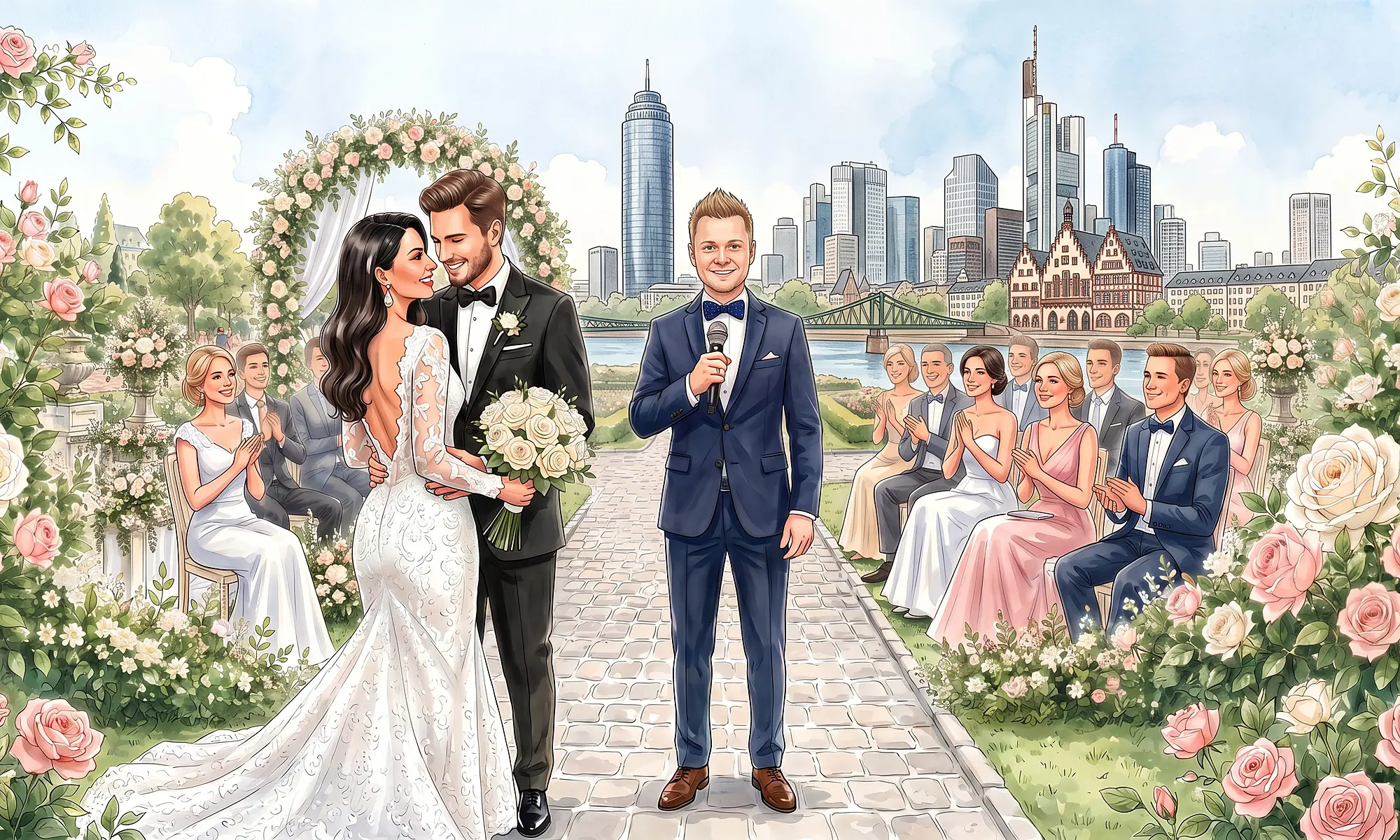 Tamada in Frankfurt am Main – Header Desktop - WeddingBro Events Illustration: Brautpaar, Tamada und Gäste vor der Frankfurter Skyline am Main
