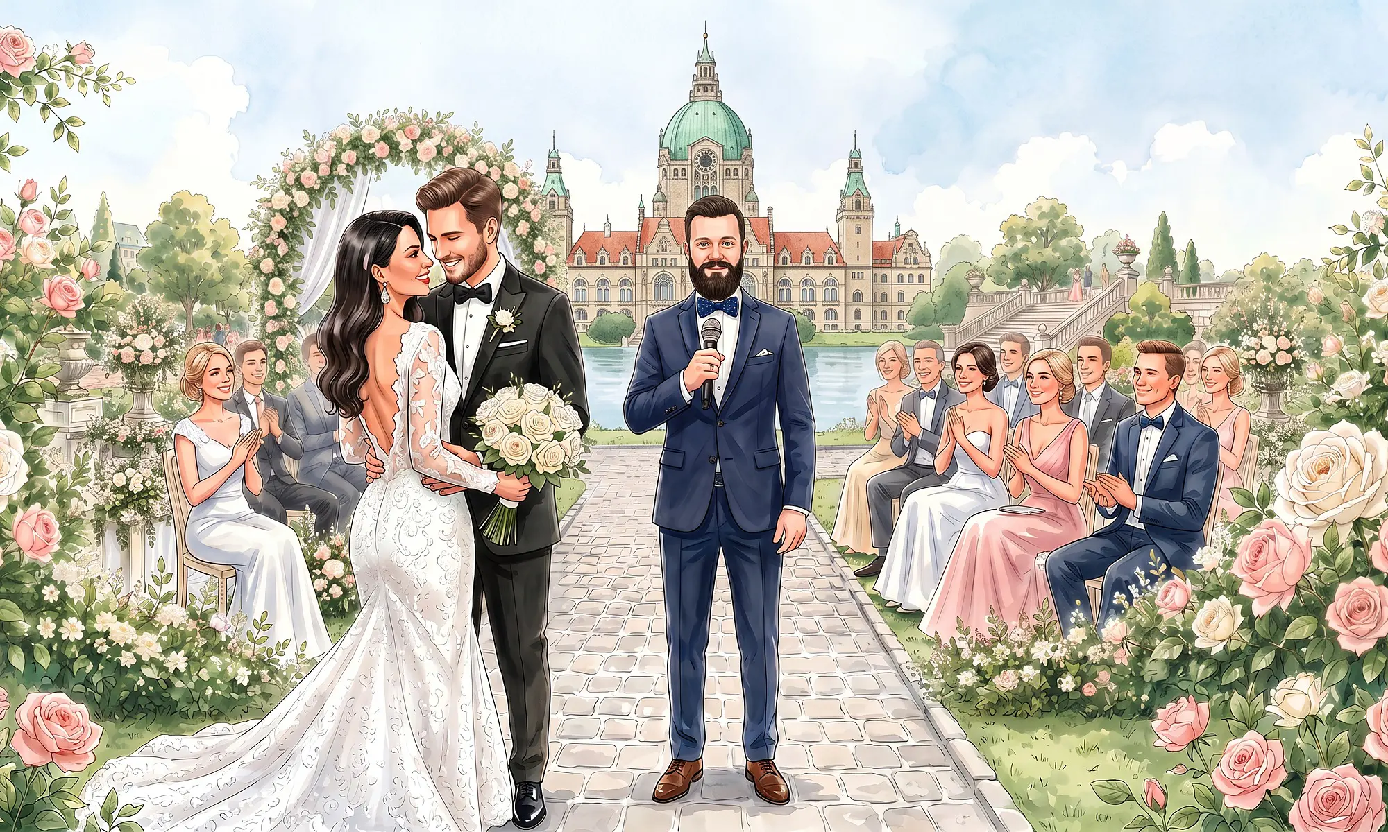 Illustration: Brautpaar, Tamada und Gäste vor dem Neuen Rathaus in Hannover