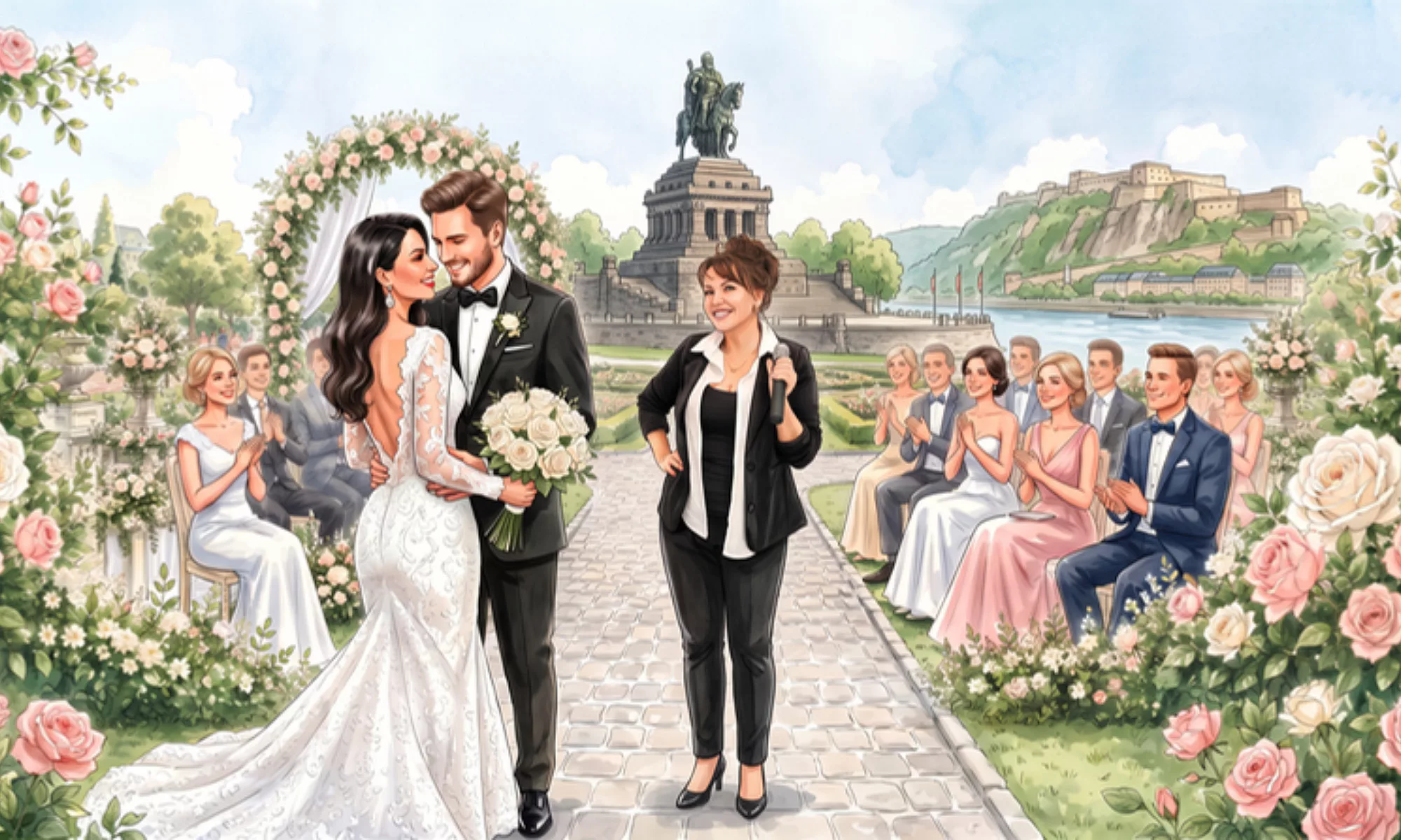 Brautpaar mit Tamada von WeddingBro am Deutschen Eck in Koblenz