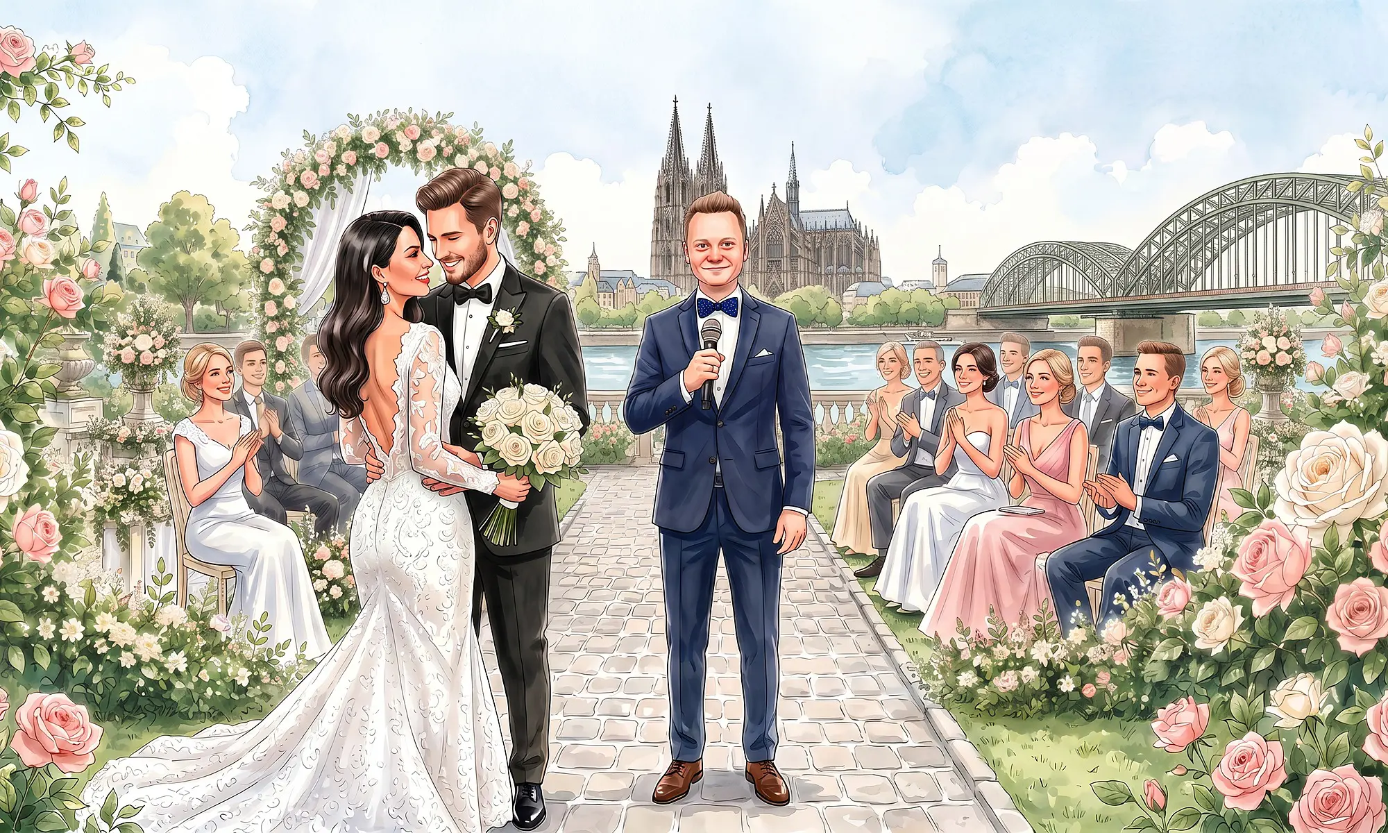 Tamada in Köln – Header Desktop - WeddingBro Events Illustration: Brautpaar, Tamada und Gäste vor dem Kölner Dom und der Hohenzollernbrücke