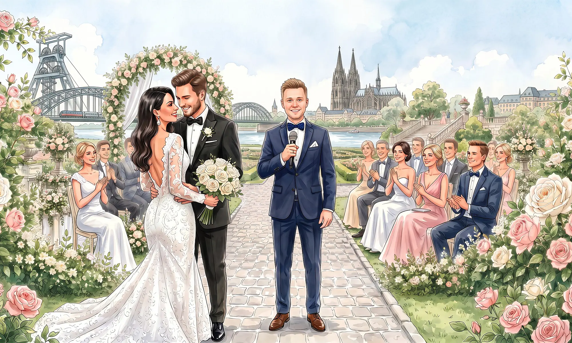 Tamada in Nordrhein-Westfalen – Header Desktop - WeddingBro Events Illustration: Brautpaar, Tamada und Gäste vor Kölner Dom und Zechenförderturm