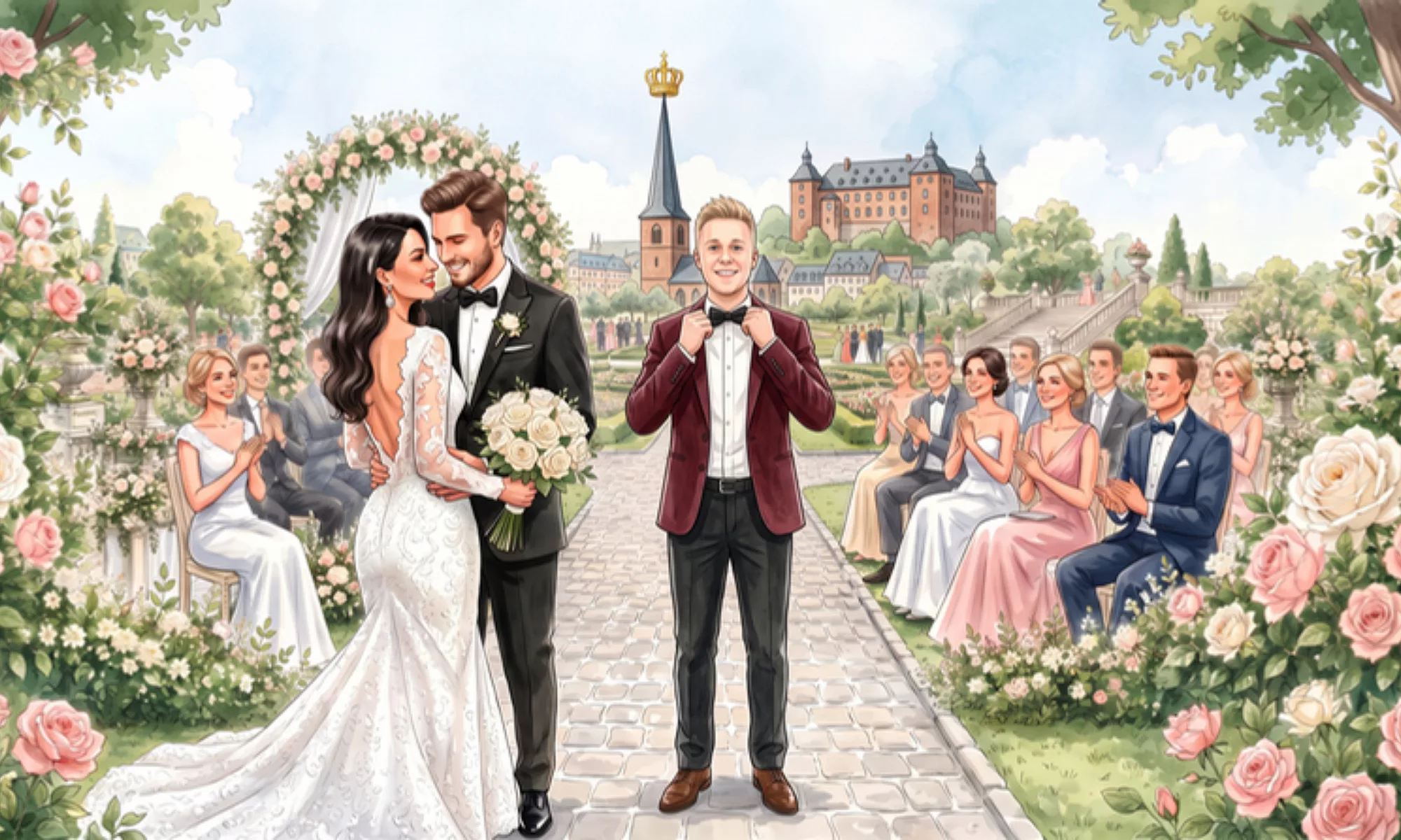 Brautpaar mit Tamada von WeddingBro vor dem Oberen Schloss in Siegen