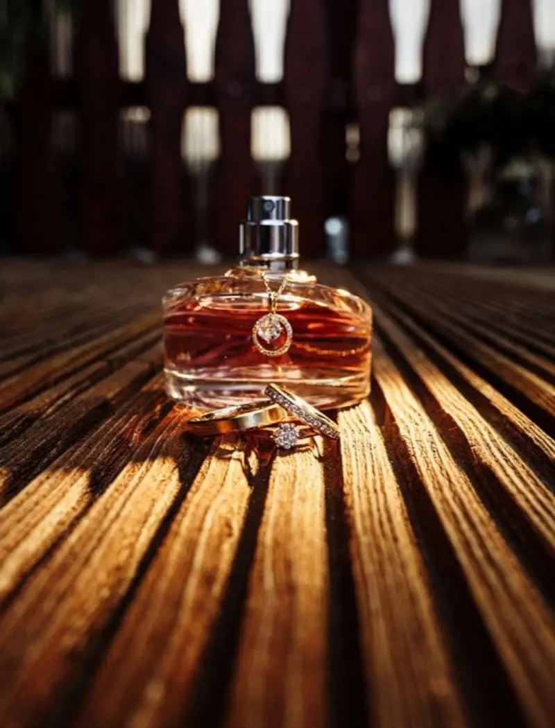 Parfumflakon der Braut im Morgenlicht, Detailaufnahme