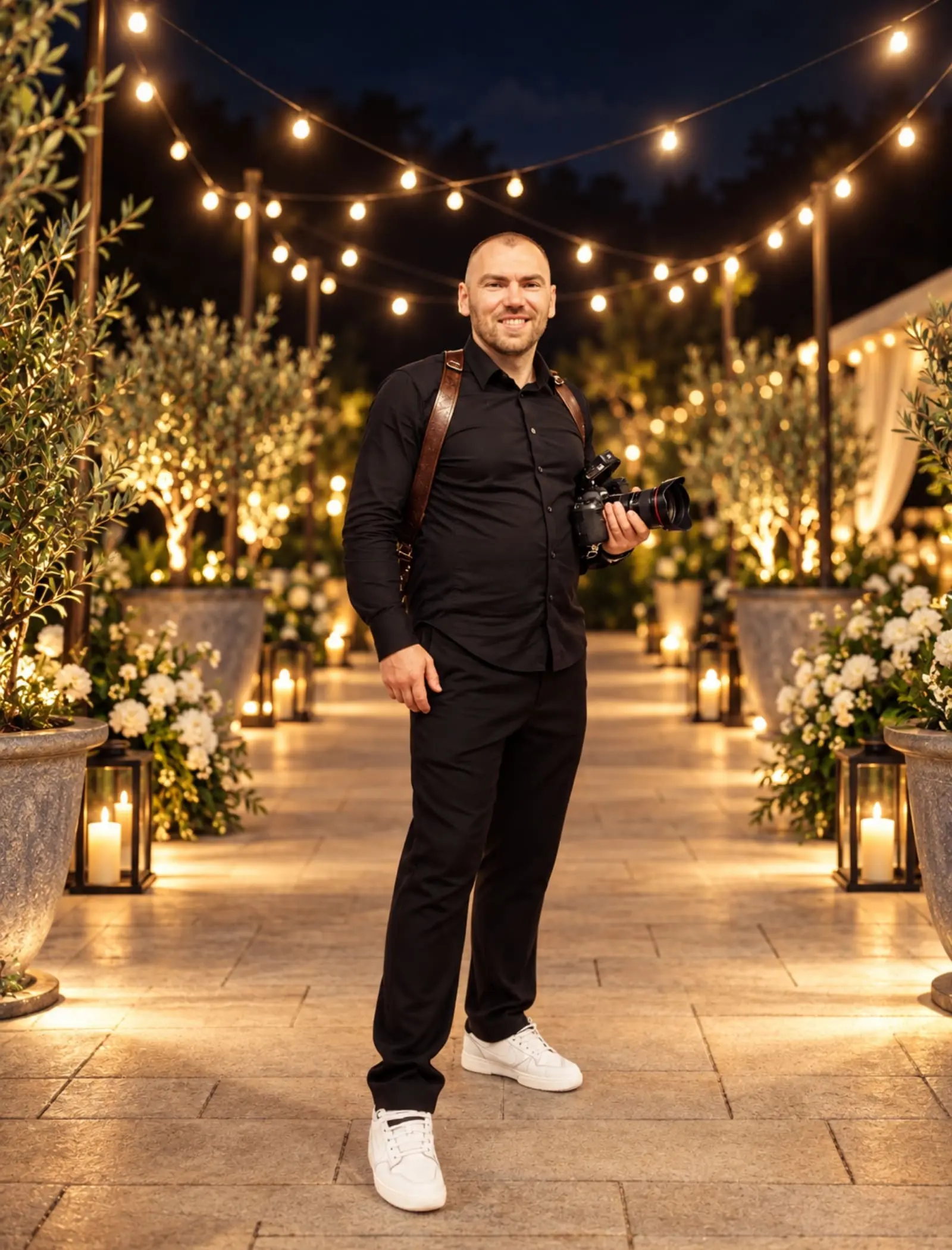 Hochzeitsfotograf Dima mit Kamera bei einer Abendhochzeit unter Lichterketten